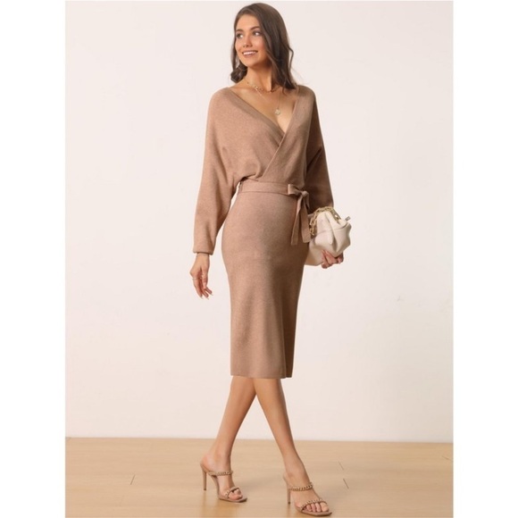 Seta T Deep V Neck Wrap Batwing Sleeve Belted Bodycon Midi
Sweater Dress Khaki - Picture 3 of 8